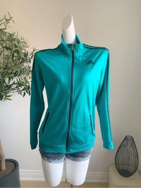 Adidas Teal Zip Up Track Jacket High Neck Striped Size L